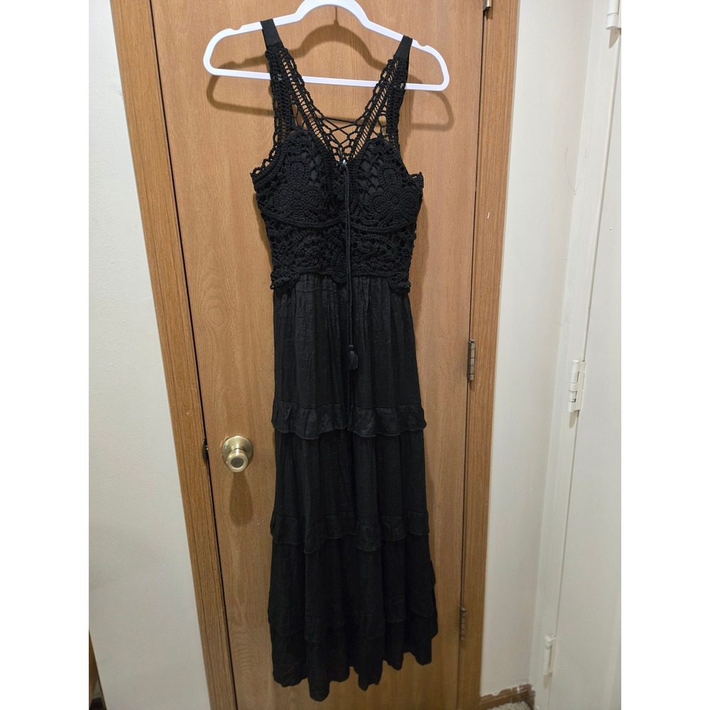 J GEE Maxi Dress Women M Black New Crochet Tiered Boho Smocked 9724400M